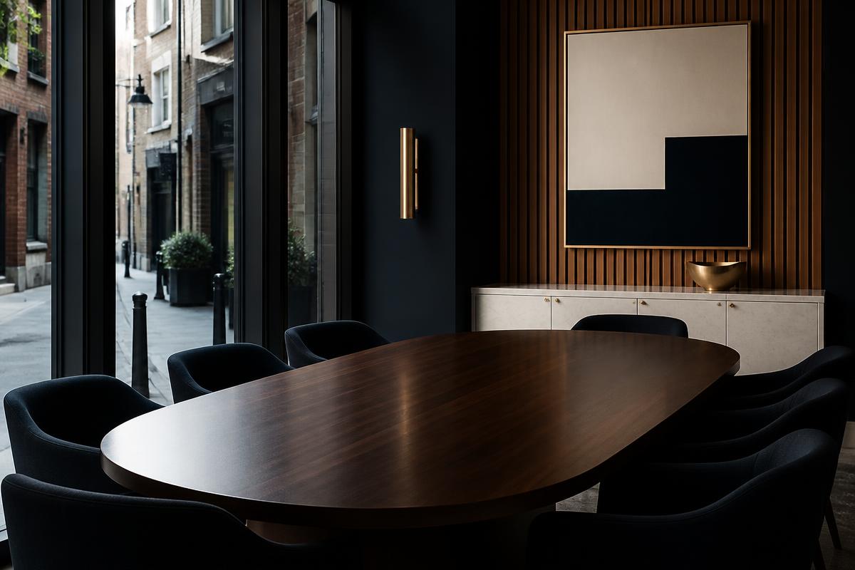 Quiet executive meeting space with city light and refined wood details
