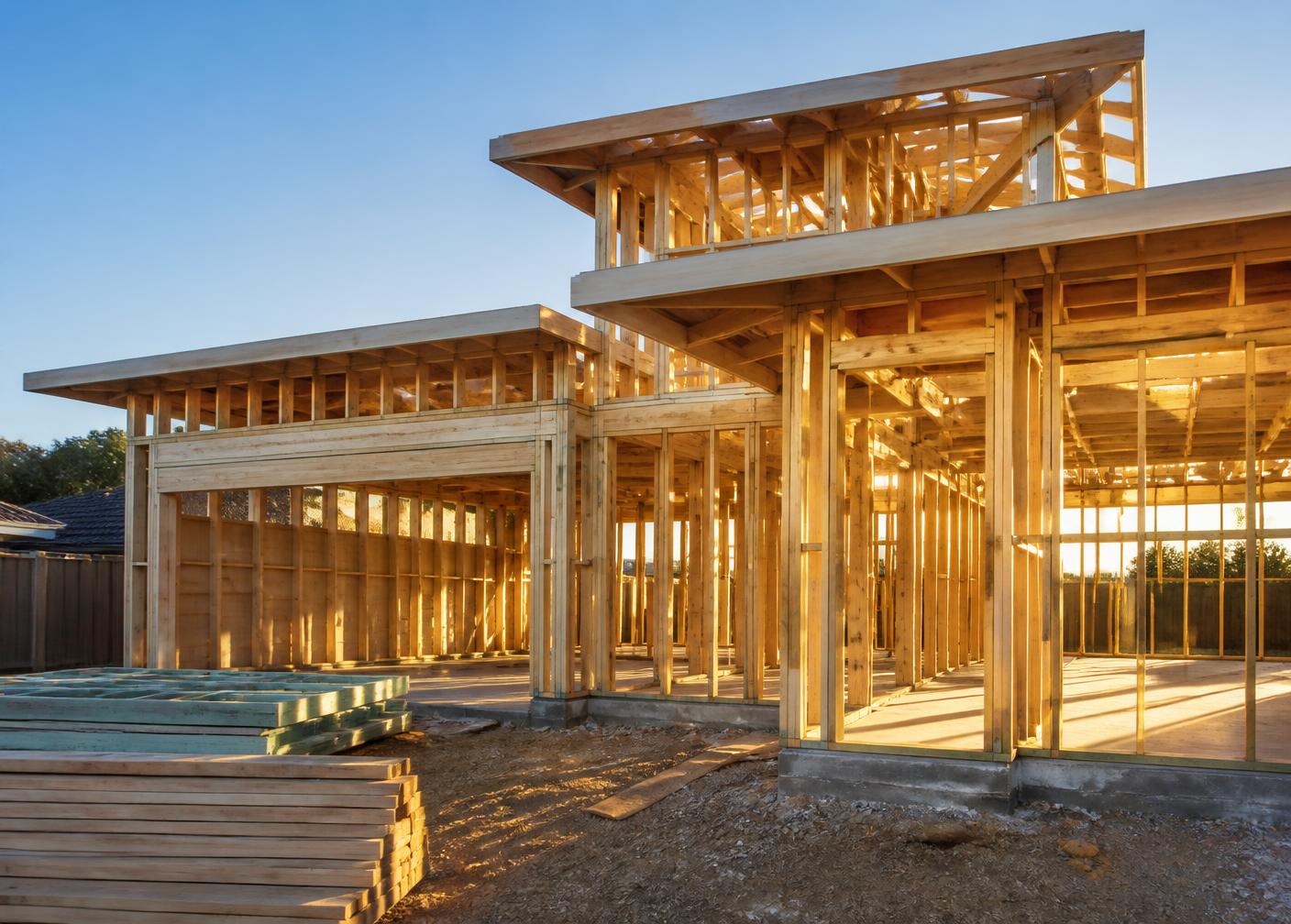Timber frame of a new Australian building at golden hour