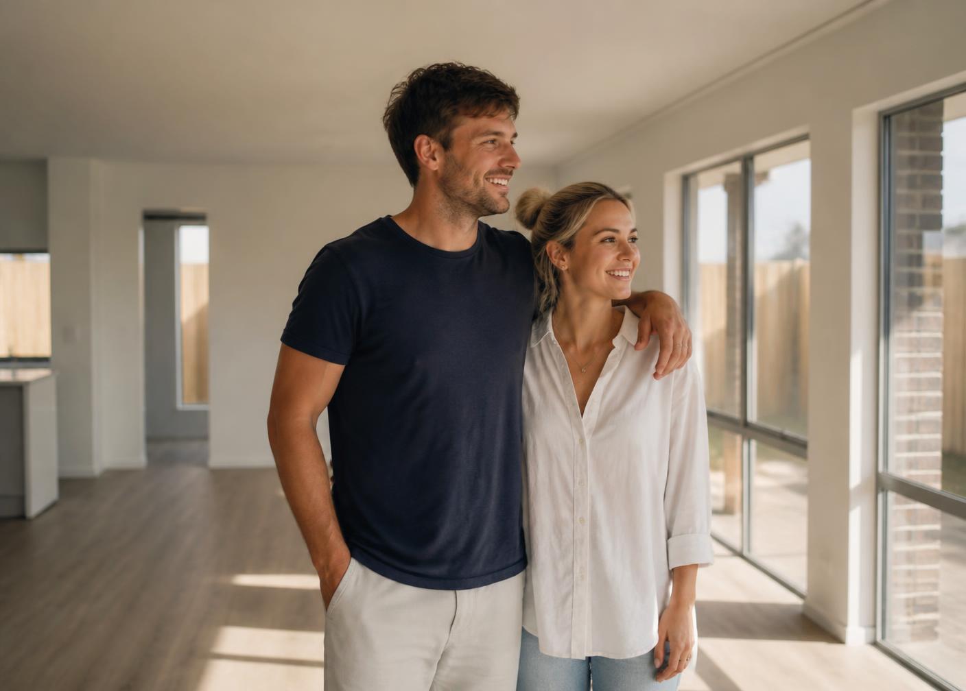 Young Australian couple in the living room of their new home
