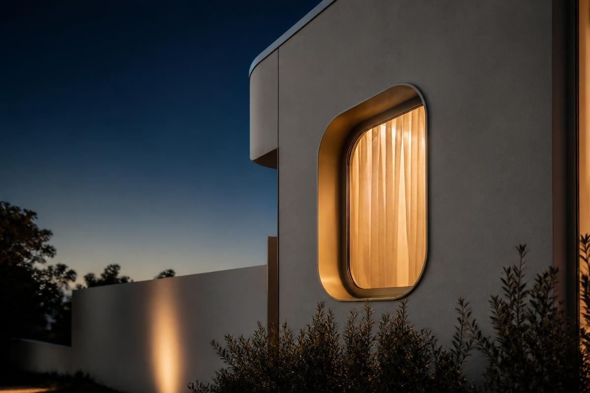 Contemporary Australian home detail at dusk, warm light through a sculptural window
